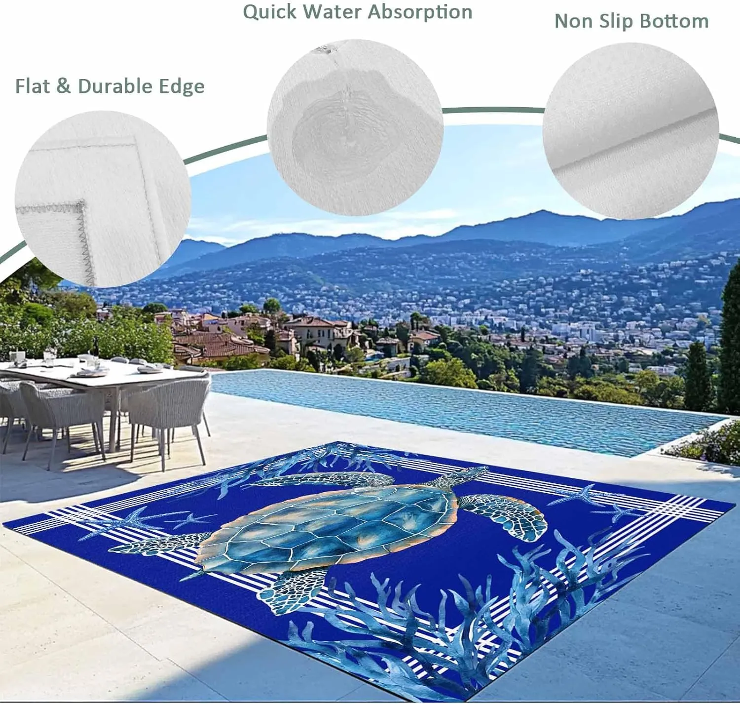 Turtle Navy Blue Outdoor Rug 6x9ft Large Patio Rug,Washable RV Camping Outside Area Runner Rug Mat,Coastal Starfish Coral Ocean Stripes Carpet for Picnic Backyard Deck Porch Balcony Beach & Indoor