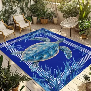 Turtle Navy Blue Outdoor Rug 6x9ft Large Patio Rug,Washable RV Camping Outside Area Runner Rug Mat,Coastal Starfish Coral Ocean Stripes Carpet for Picnic Backyard Deck Porch Balcony Beach & Indoor