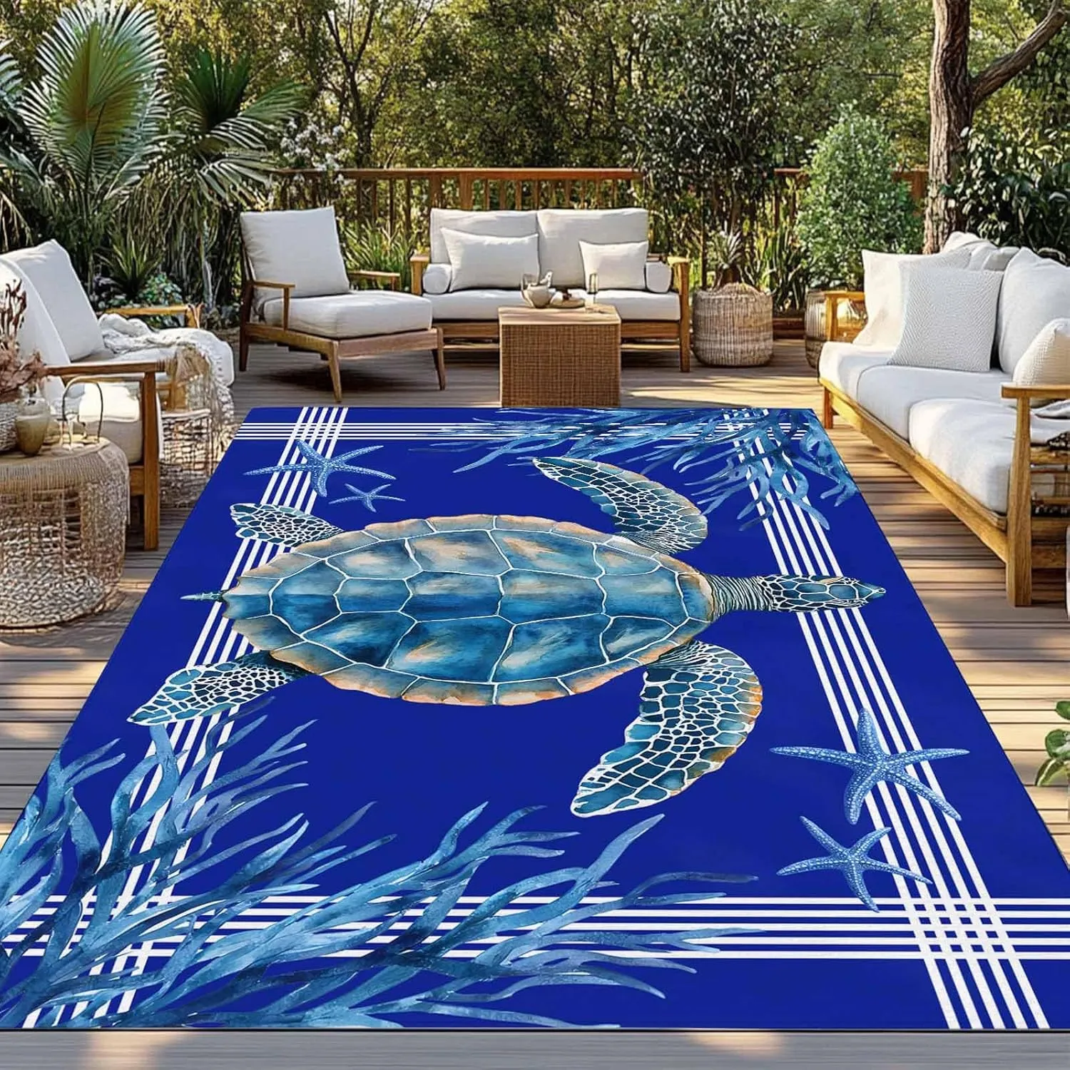 Turtle Navy Blue Outdoor Rug 6x9ft Large Patio Rug,Washable RV Camping Outside Area Runner Rug Mat,Coastal Starfish Coral Ocean Stripes Carpet for Picnic Backyard Deck Porch Balcony Beach & Indoor