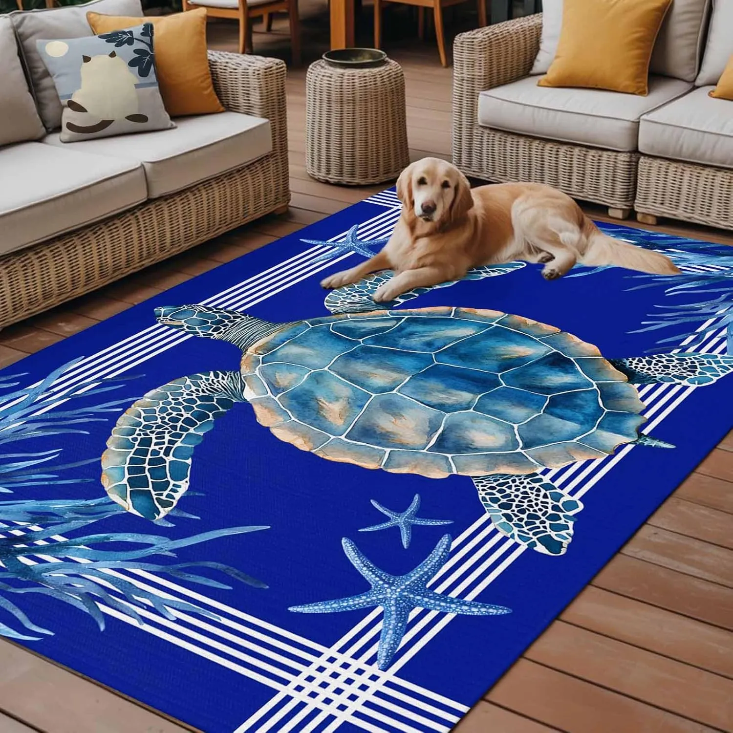 Turtle Navy Blue Outdoor Rug 6x9ft Large Patio Rug,Washable RV Camping Outside Area Runner Rug Mat,Coastal Starfish Coral Ocean Stripes Carpet for Picnic Backyard Deck Porch Balcony Beach & Indoor