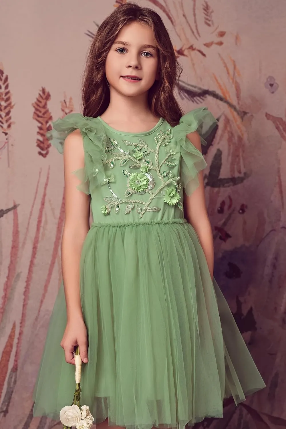 Tutu Dress for Girls - Embroidered Tulle Tiered Layered Flower Toddler Dress for Wedding & Birthday