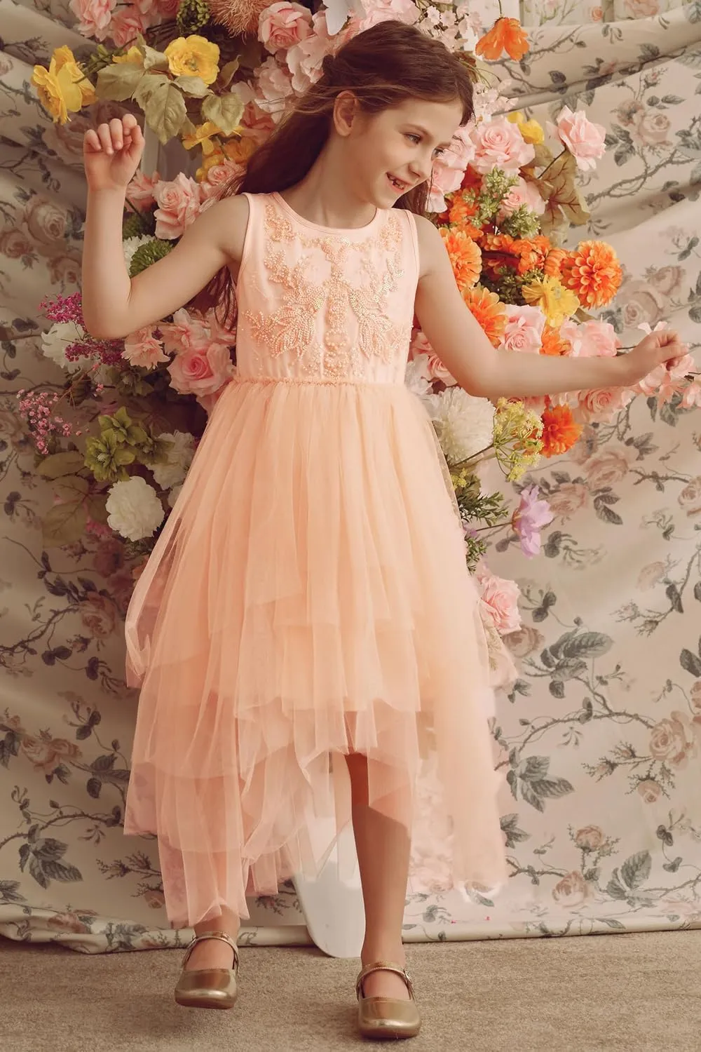 Tutu Dress for Girls - Embroidered Tulle Tiered Layered Flower Toddler Dress for Wedding & Birthday