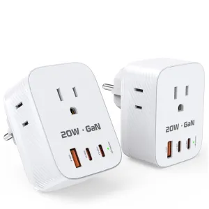 Type E/F Plug Adapter [2 Pack] Germany France-European Power Adapter with 3 AC Outlets & 3 USB Ports (2 USB-C), International Adapter for US to EU Spain Greece