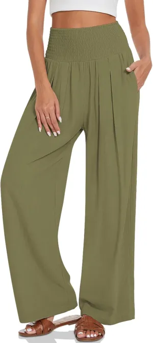 UEU Women's Linen Palazzo Pants Wide Leg High Waisted Lounge Casual Beach Pants with Pockets