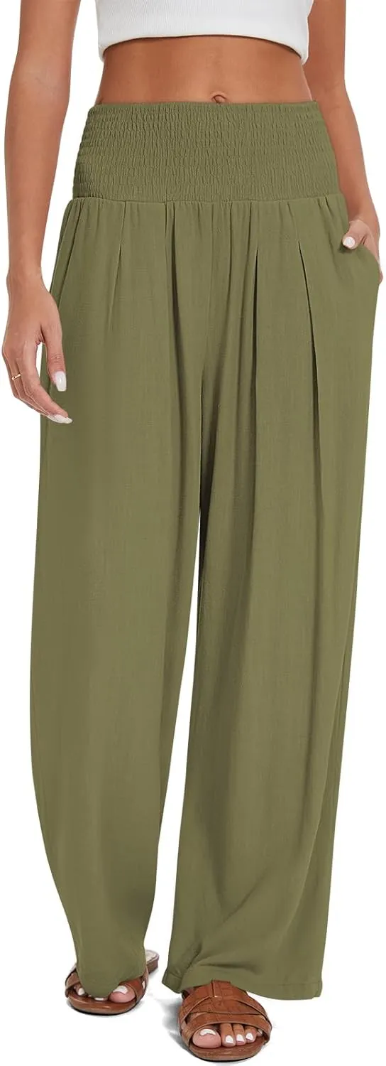 UEU Women's Linen Palazzo Pants Wide Leg High Waisted Lounge Casual Beach Pants with Pockets