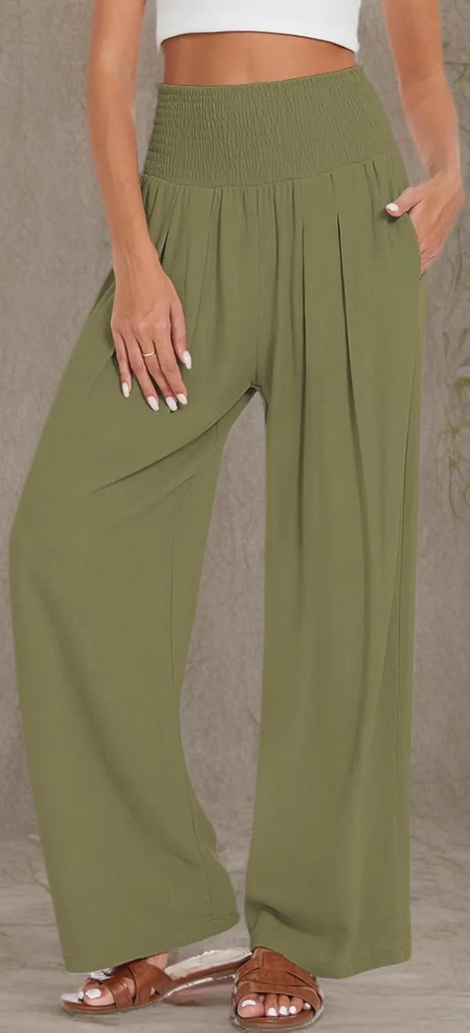 UEU Women's Linen Palazzo Pants Wide Leg High Waisted Lounge Casual Beach Pants with Pockets