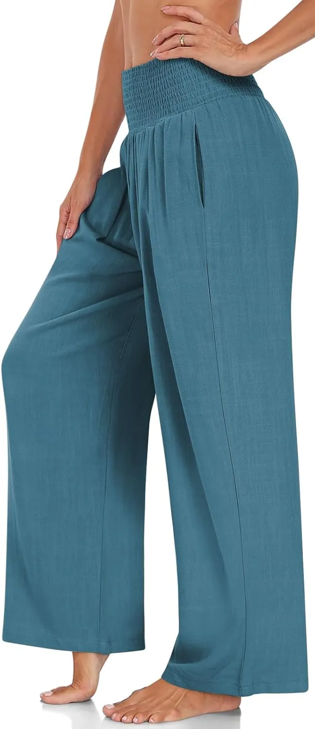 UEU Women's Linen Palazzo Pants Wide Leg High Waisted Lounge Casual Beach Pants with Pockets