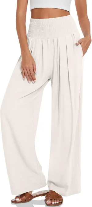 UEU Women's Linen Palazzo Pants Wide Leg High Waisted Lounge Casual Beach Pants with Pockets
