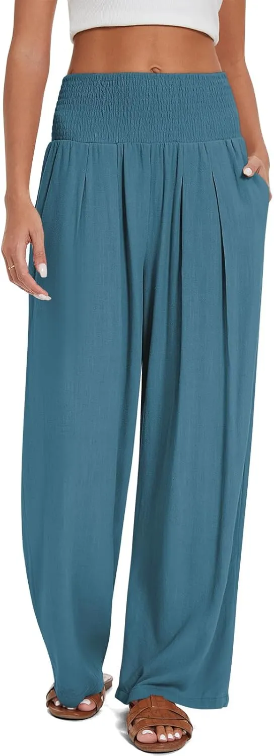 UEU Women's Linen Palazzo Pants Wide Leg High Waisted Lounge Casual Beach Pants with Pockets