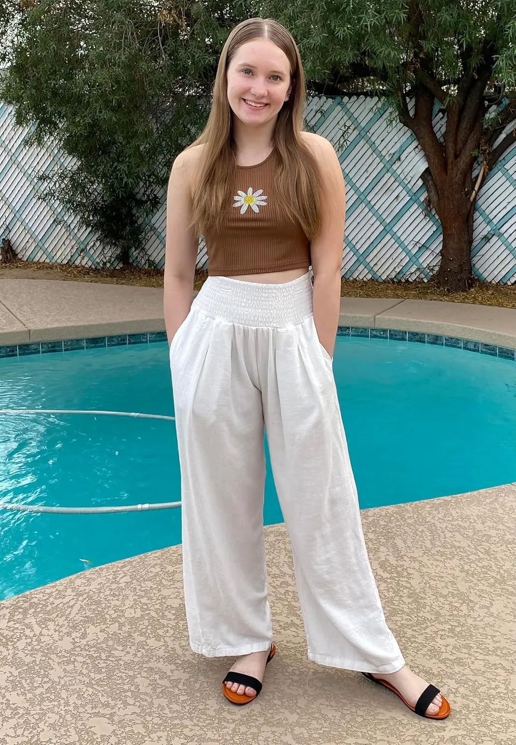 UEU Women's Linen Palazzo Pants Wide Leg High Waisted Lounge Casual Beach Pants with Pockets