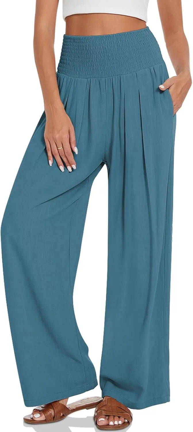 UEU Women's Linen Palazzo Pants Wide Leg High Waisted Lounge Casual Beach Pants with Pockets