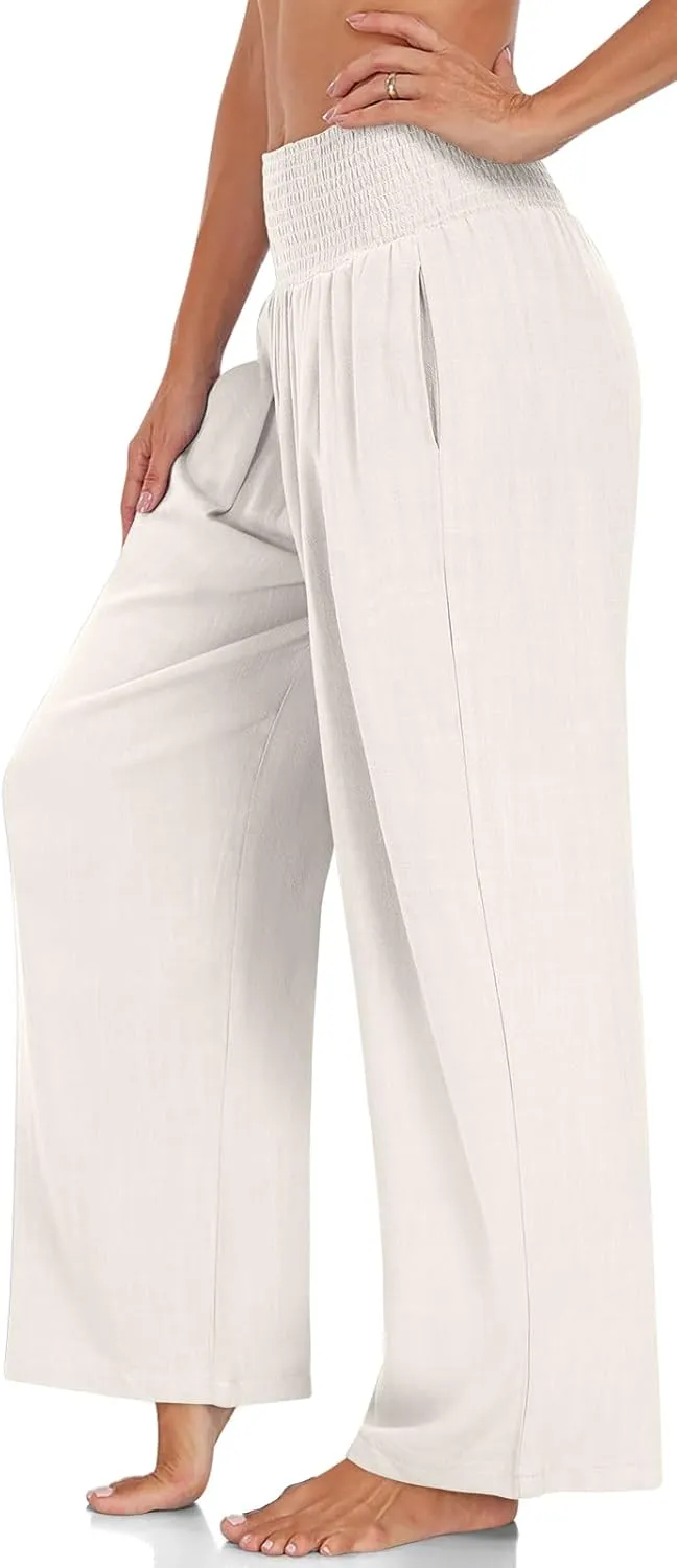 UEU Women's Linen Palazzo Pants Wide Leg High Waisted Lounge Casual Beach Pants with Pockets