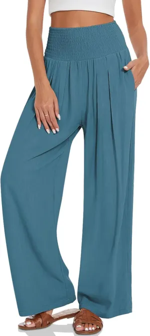 UEU Women's Linen Palazzo Pants Wide Leg High Waisted Lounge Casual Beach Pants with Pockets