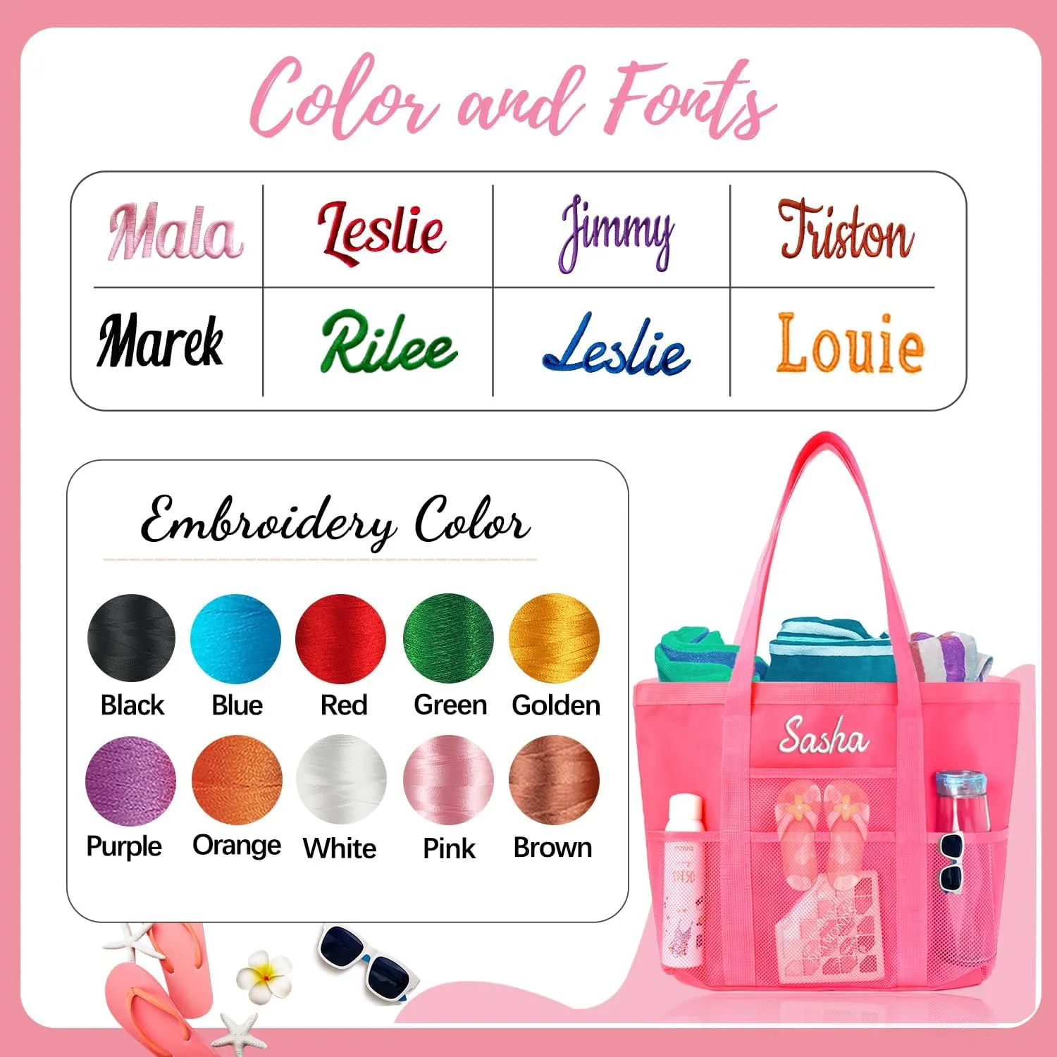 Ulico Personalized Beach Bag Embroidered Name,Custom Mesh Tote Bag for Women, Foldable Shoulder Bag for Swimming Pools Travel