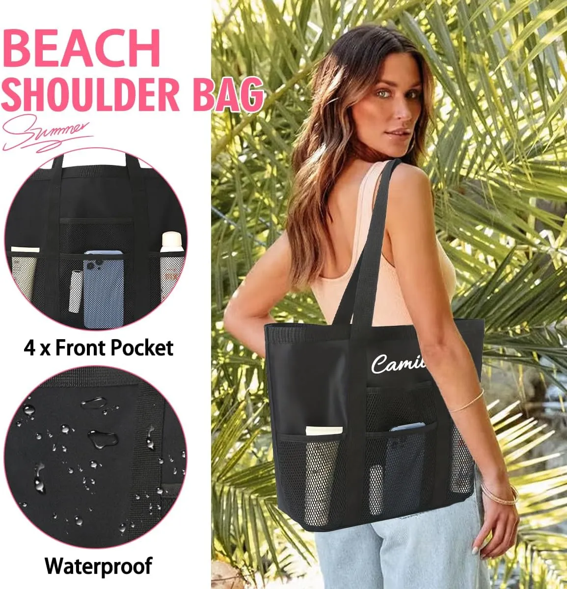 Ulico Personalized Beach Bag Embroidered Name,Custom Mesh Tote Bag for Women, Foldable Shoulder Bag for Swimming Pools Travel