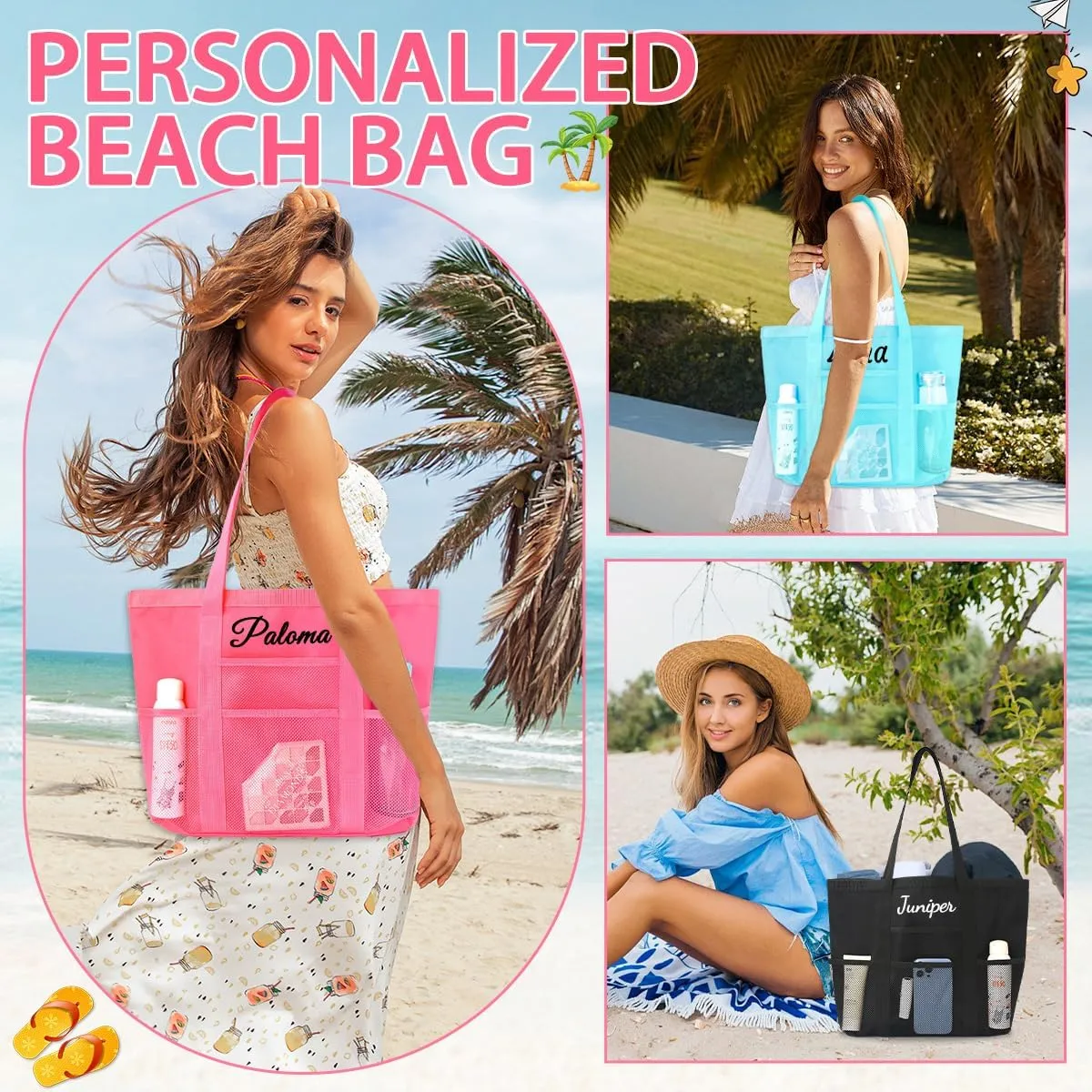 Ulico Personalized Beach Bag Embroidered Name,Custom Mesh Tote Bag for Women, Foldable Shoulder Bag for Swimming Pools Travel