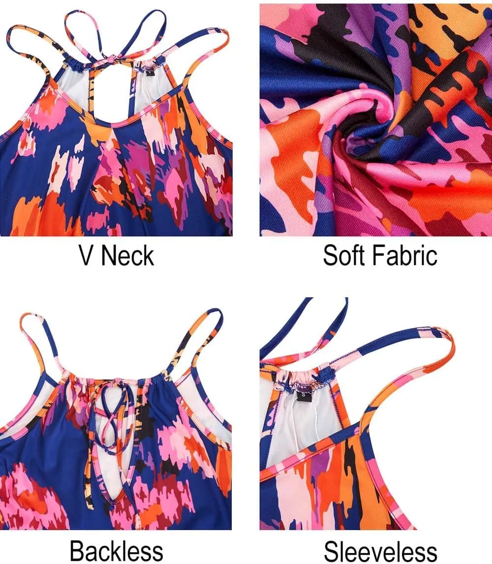 ULTRANICE Women's 2024 Summer Casual Beach Dresses Cover Ups Floral V Neck Spaghetti Strap Backless Mini Sun Dress