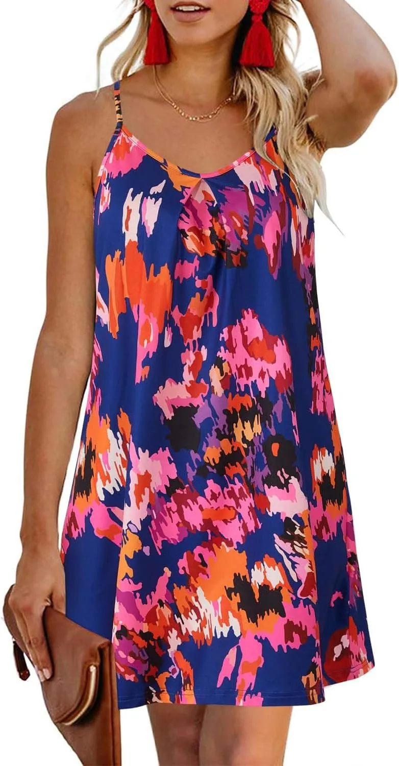 ULTRANICE Women's 2024 Summer Casual Beach Dresses Cover Ups Floral V Neck Spaghetti Strap Backless Mini Sun Dress