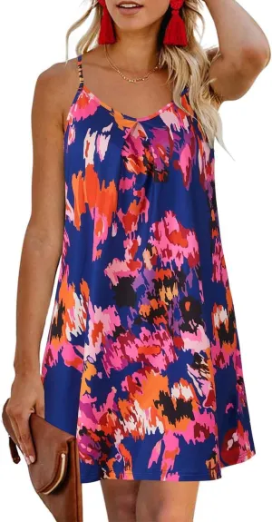 ULTRANICE Women's 2024 Summer Casual Beach Dresses Cover Ups Floral V Neck Spaghetti Strap Backless Mini Sun Dress