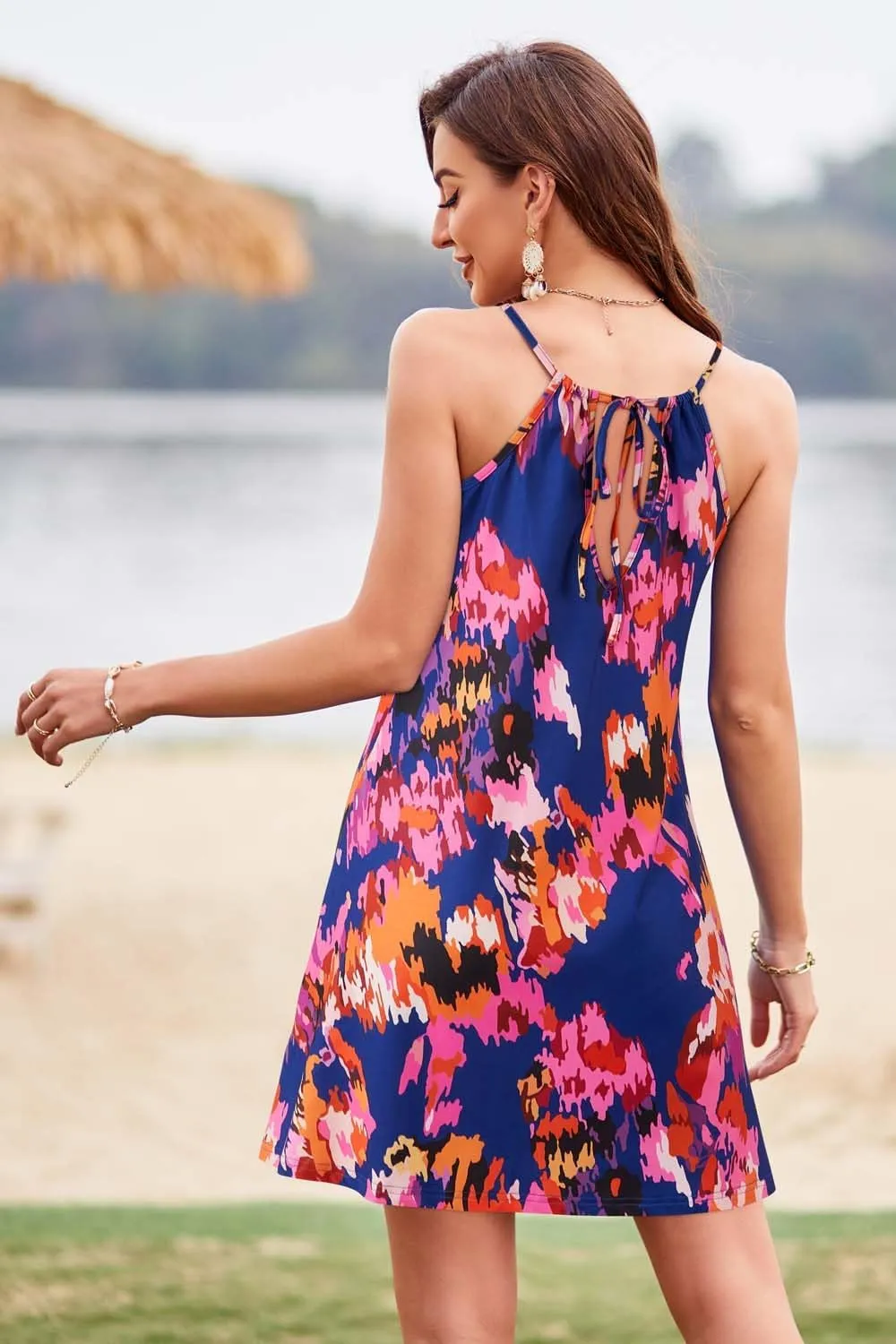 ULTRANICE Women's 2024 Summer Casual Beach Dresses Cover Ups Floral V Neck Spaghetti Strap Backless Mini Sun Dress