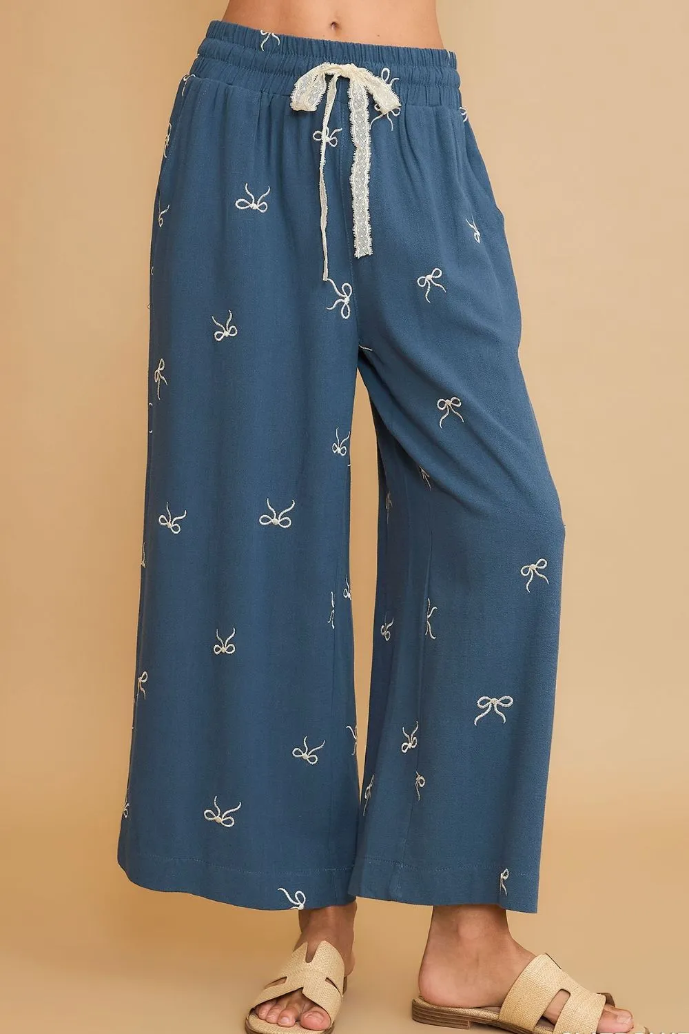 Umgee Full Size Lace Drawstring Embroidered Bow Wide Leg Pants Plus Size