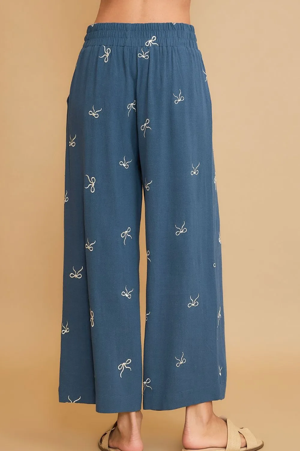 Umgee Full Size Lace Drawstring Embroidered Bow Wide Leg Pants Plus Size