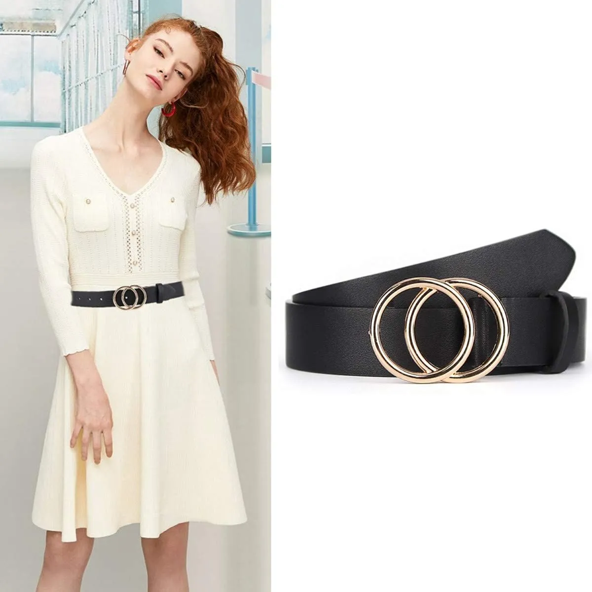 UnFader Pack 2 Women Belts for Jeans with Fashion Double O-Ring Buckle and Faux Leather