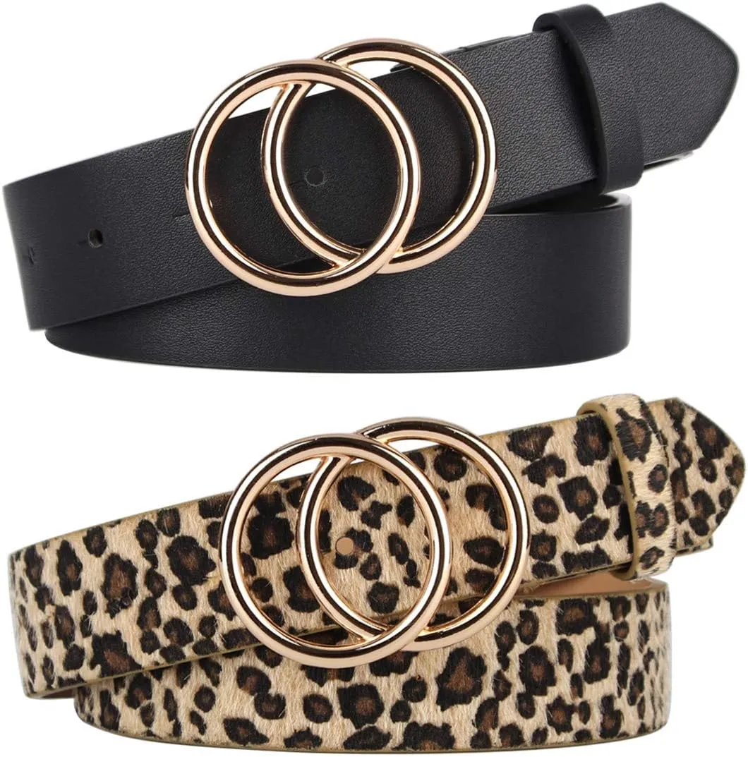 UnFader Pack 2 Women Belts for Jeans with Fashion Double O-Ring Buckle and Faux Leather