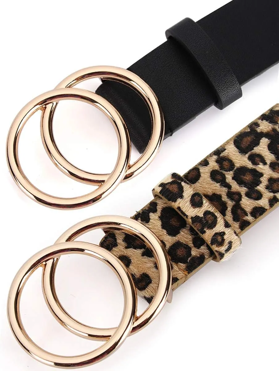 UnFader Pack 2 Women Belts for Jeans with Fashion Double O-Ring Buckle and Faux Leather
