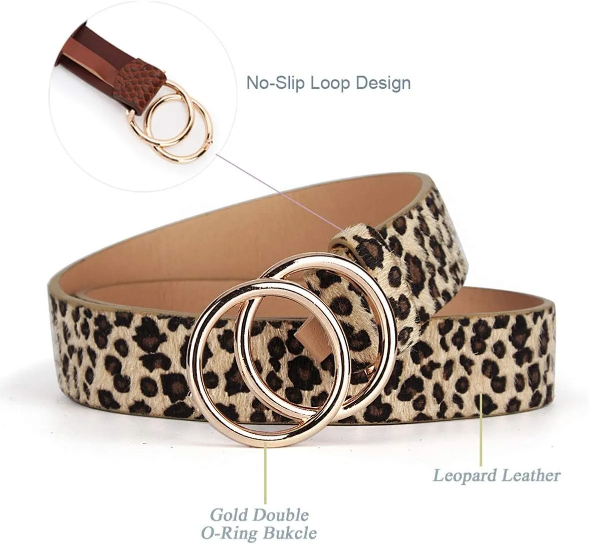 UnFader Pack 2 Women Belts for Jeans with Fashion Double O-Ring Buckle and Faux Leather