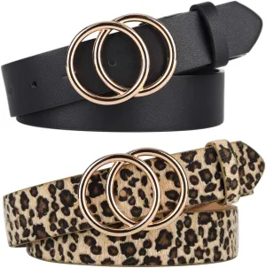 UnFader Pack 2 Women Belts for Jeans with Fashion Double O-Ring Buckle and Faux Leather