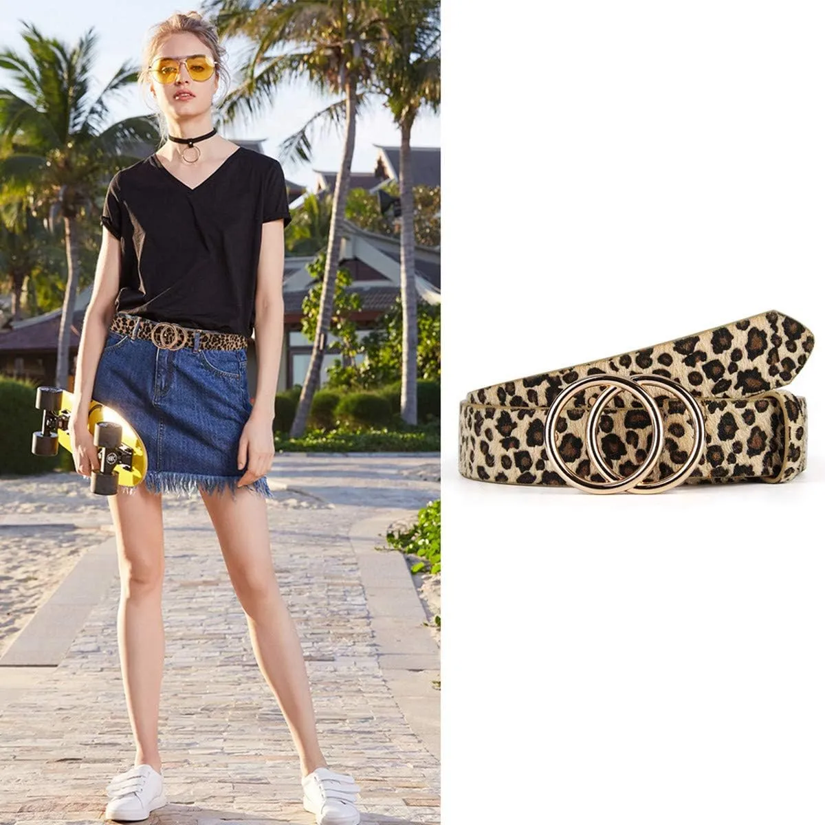 UnFader Pack 2 Women Belts for Jeans with Fashion Double O-Ring Buckle and Faux Leather