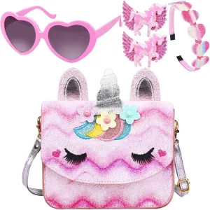 Unicorn Purse for Little Girls,Toddlers Crossbody Bags Kids with Accessories Cute Flap Bag Kids,Sunglass for Girls