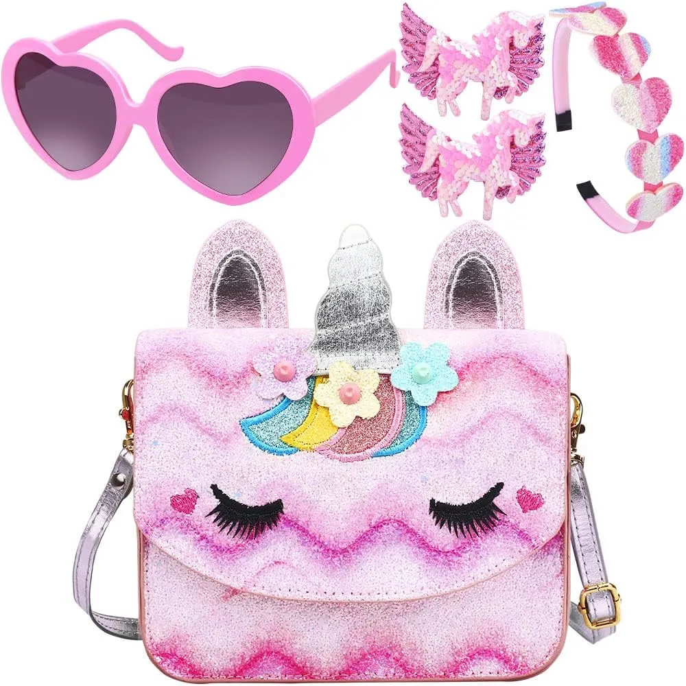 Unicorn Purse for Little Girls,Toddlers Crossbody Bags Kids with Accessories Cute Flap Bag Kids,Sunglass for Girls