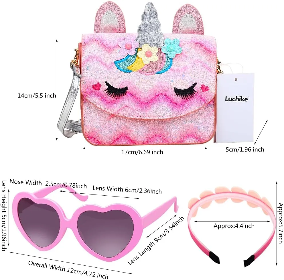 Unicorn Purse for Little Girls,Toddlers Crossbody Bags Kids with Accessories Cute Flap Bag Kids,Sunglass for Girls