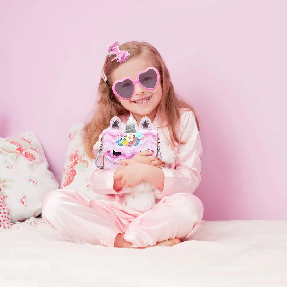 Unicorn Purse for Little Girls,Toddlers Crossbody Bags Kids with Accessories Cute Flap Bag Kids,Sunglass for Girls