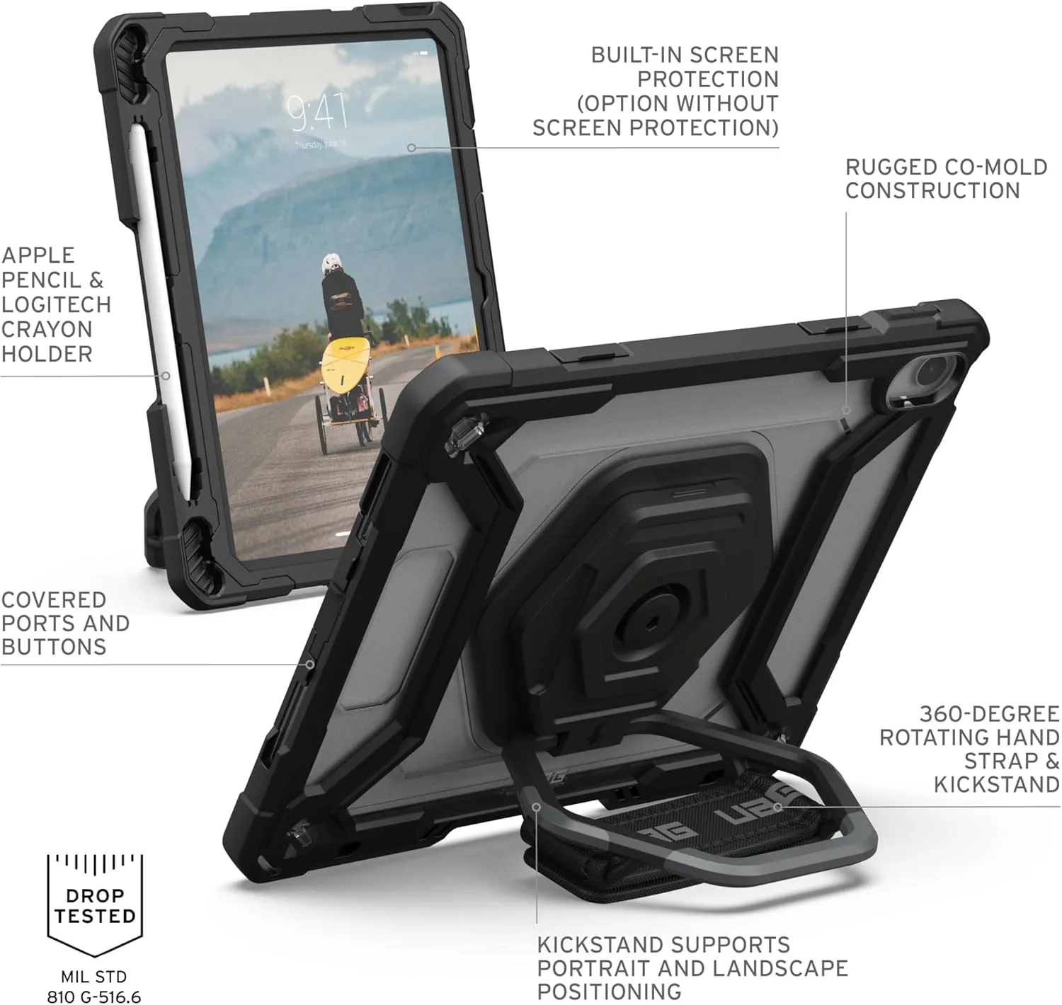 URBAN ARMOR GEAR UAG Designed for iPad 11" A16 11th Gen 2025, 10.9" 10th Gen 2022 Case w/Built-in Screen Protector A3354 A3355 Rugged Protective Cover w/Kickstand & Hand Strap, Plasma Ice/Black