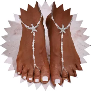 Ursumy Pearl Barefoot Sandals with Starfish Beach Ankle Chain Bridal Foot Chains Wedding Foot Jewelry for Women (2Pcs)