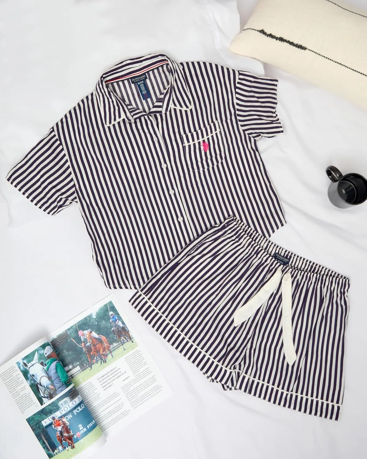 U.S. Polo Assn. Summer Pajamas for Women - Woven PJ Set with Button Up Top and Shorts - Lounge Sets for Women