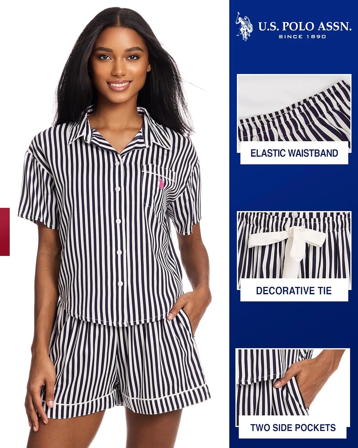 U.S. Polo Assn. Summer Pajamas for Women - Woven PJ Set with Button Up Top and Shorts - Lounge Sets for Women