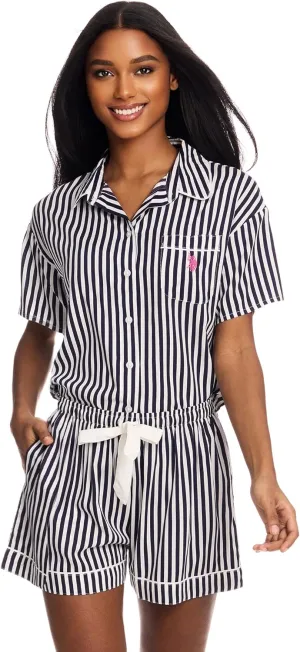 U.S. Polo Assn. Summer Pajamas for Women - Woven PJ Set with Button Up Top and Shorts - Lounge Sets for Women