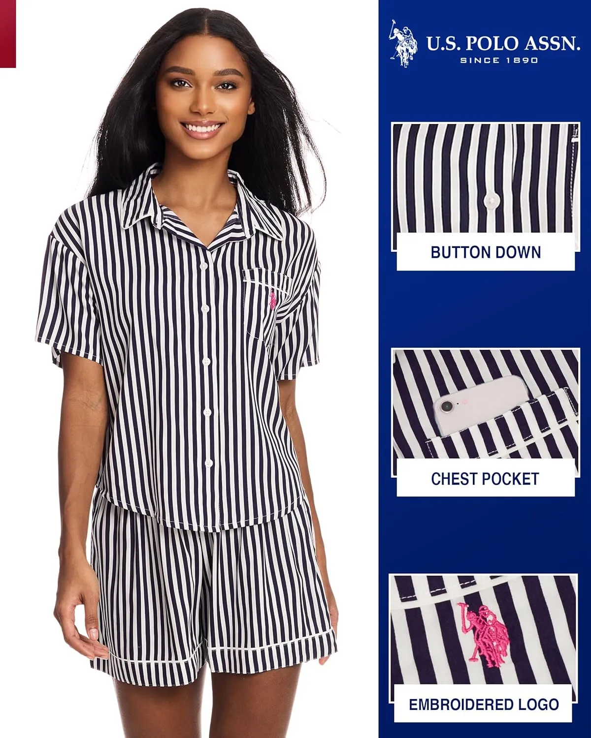 U.S. Polo Assn. Summer Pajamas for Women - Woven PJ Set with Button Up Top and Shorts - Lounge Sets for Women