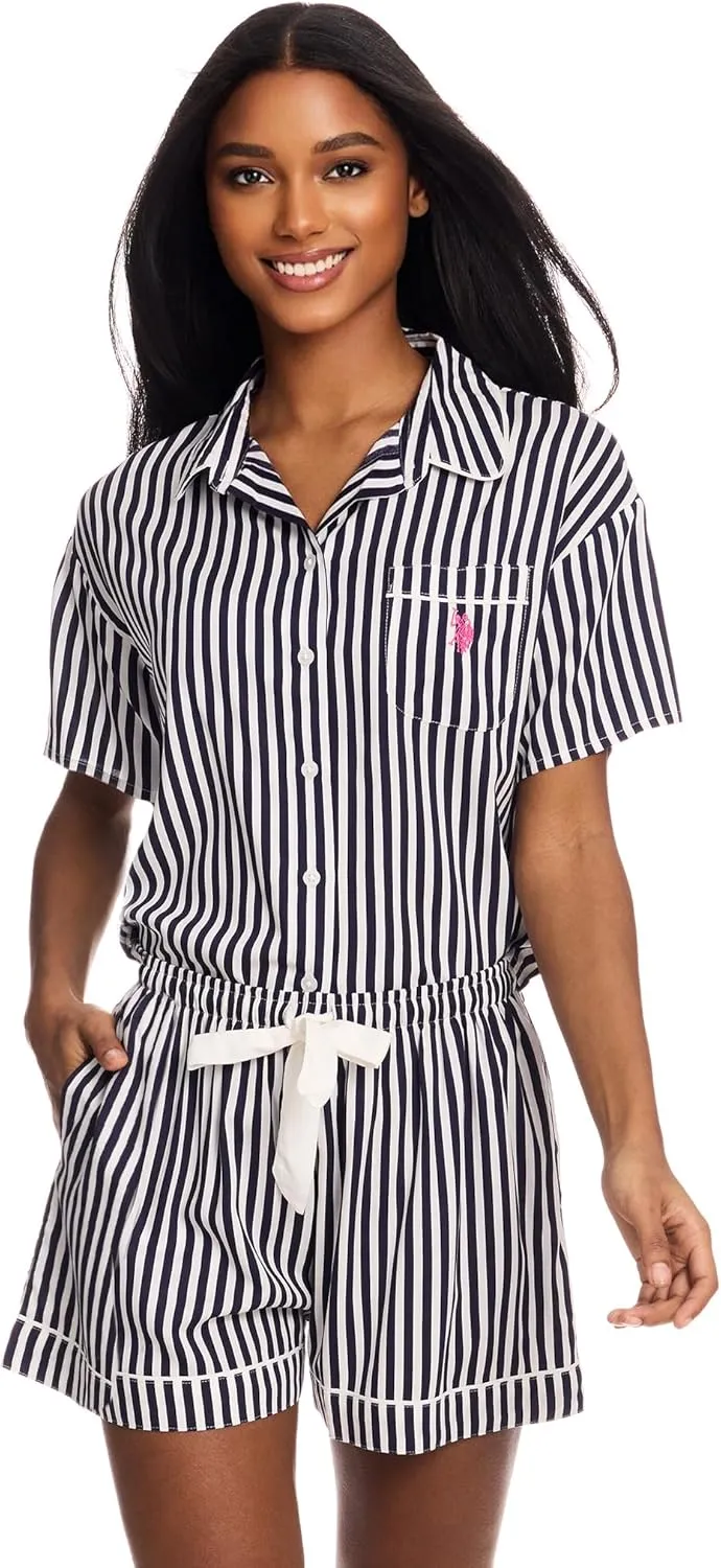 U.S. Polo Assn. Summer Pajamas for Women - Woven PJ Set with Button Up Top and Shorts - Lounge Sets for Women