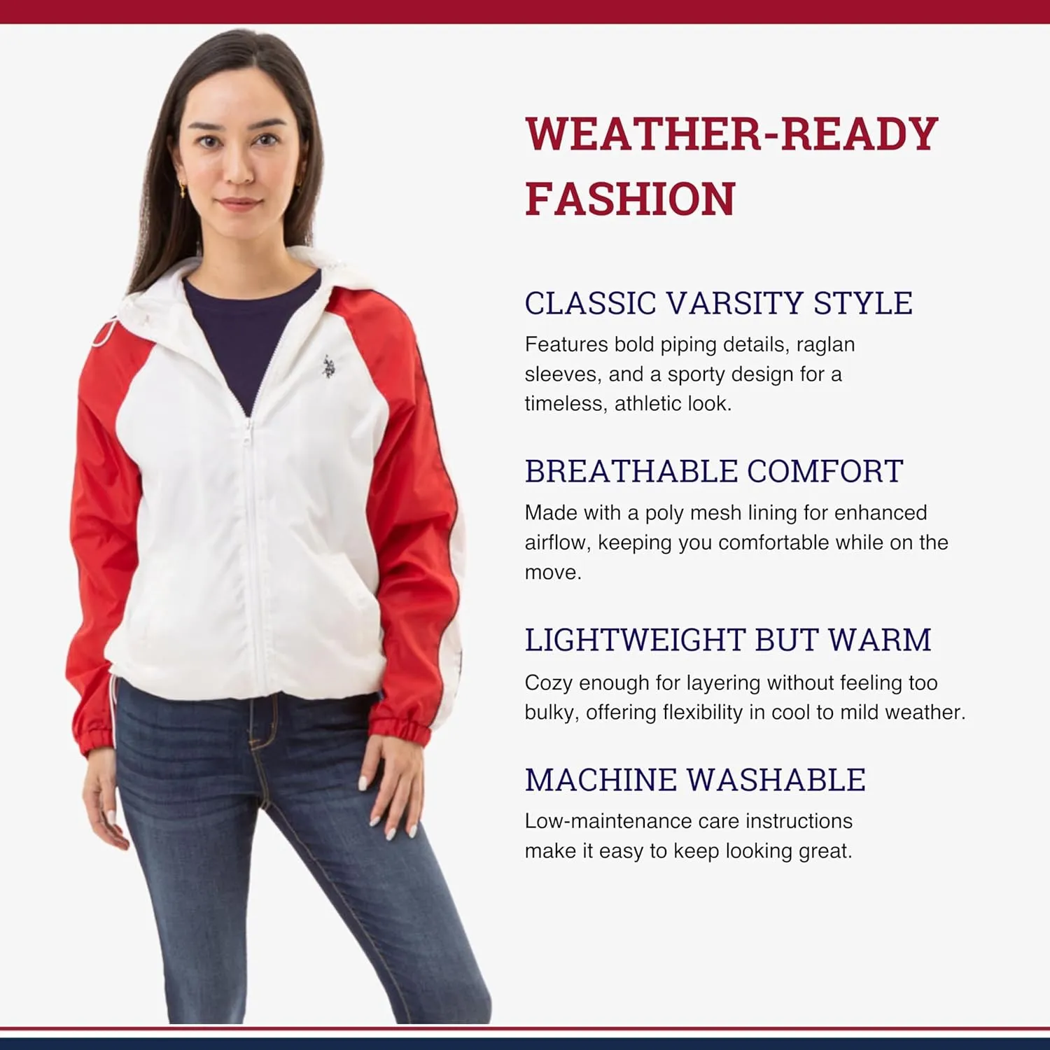 U.S. Polo Assn. Women's Hooded Raglan Sleeve Varsity Windbreaker W/Piping Poly Mesh Lining