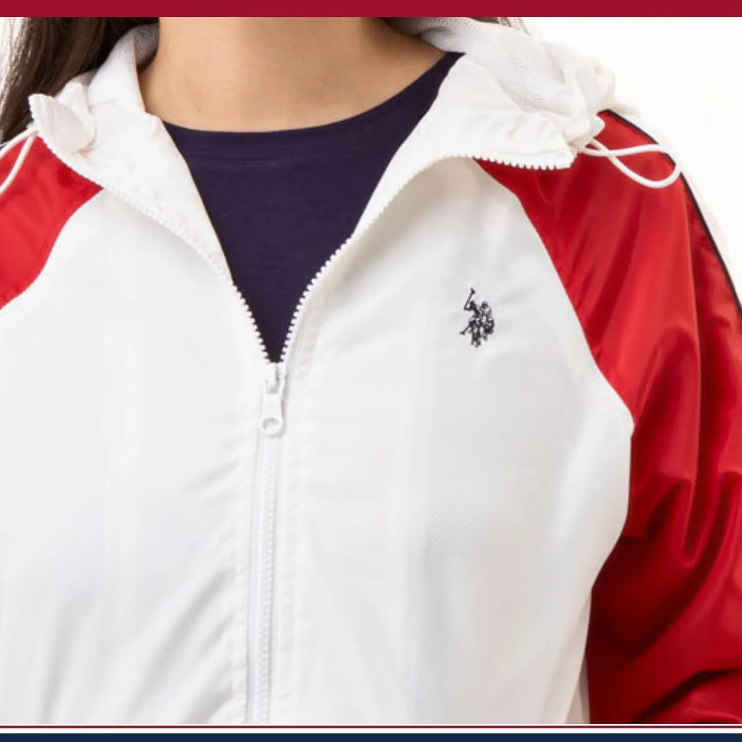 U.S. Polo Assn. Women's Hooded Raglan Sleeve Varsity Windbreaker W/Piping Poly Mesh Lining