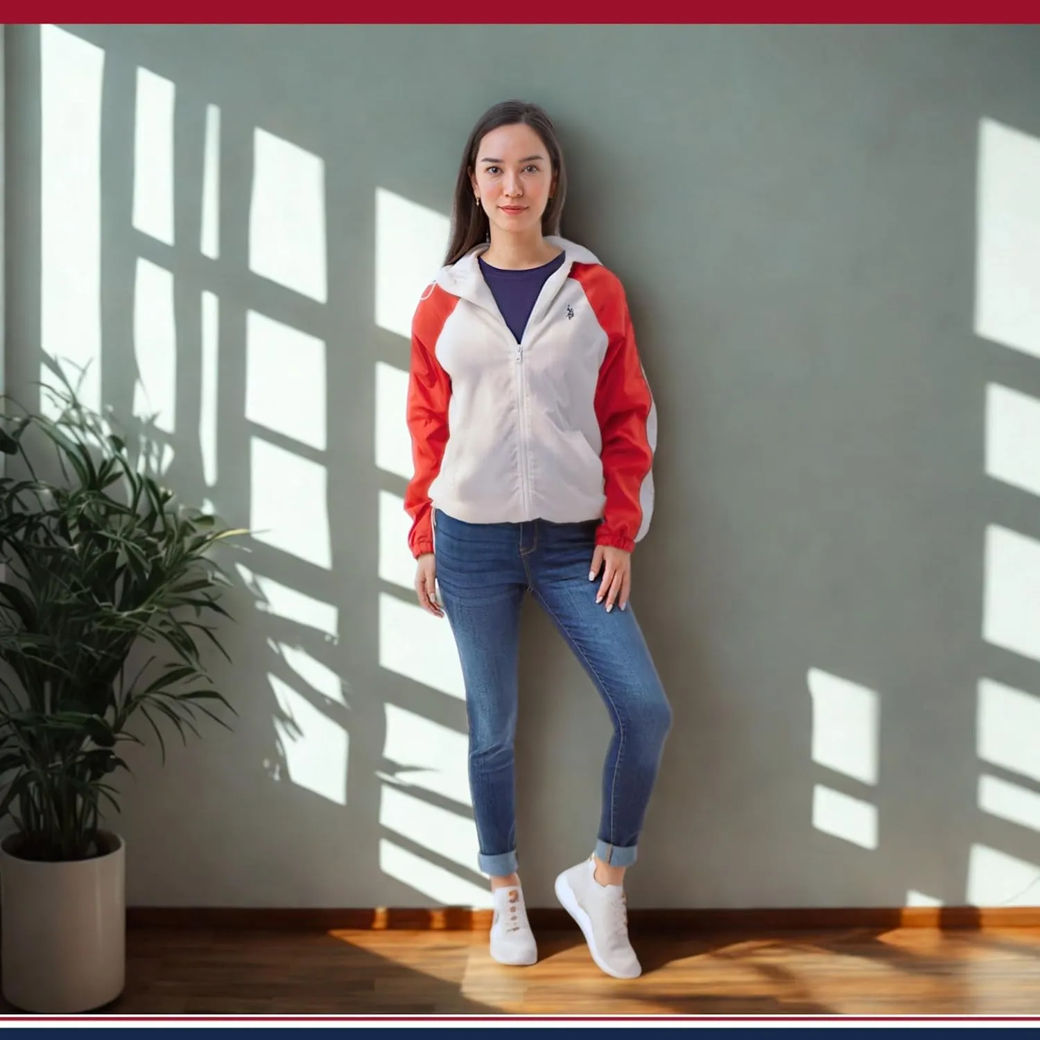 U.S. Polo Assn. Women's Hooded Raglan Sleeve Varsity Windbreaker W/Piping Poly Mesh Lining