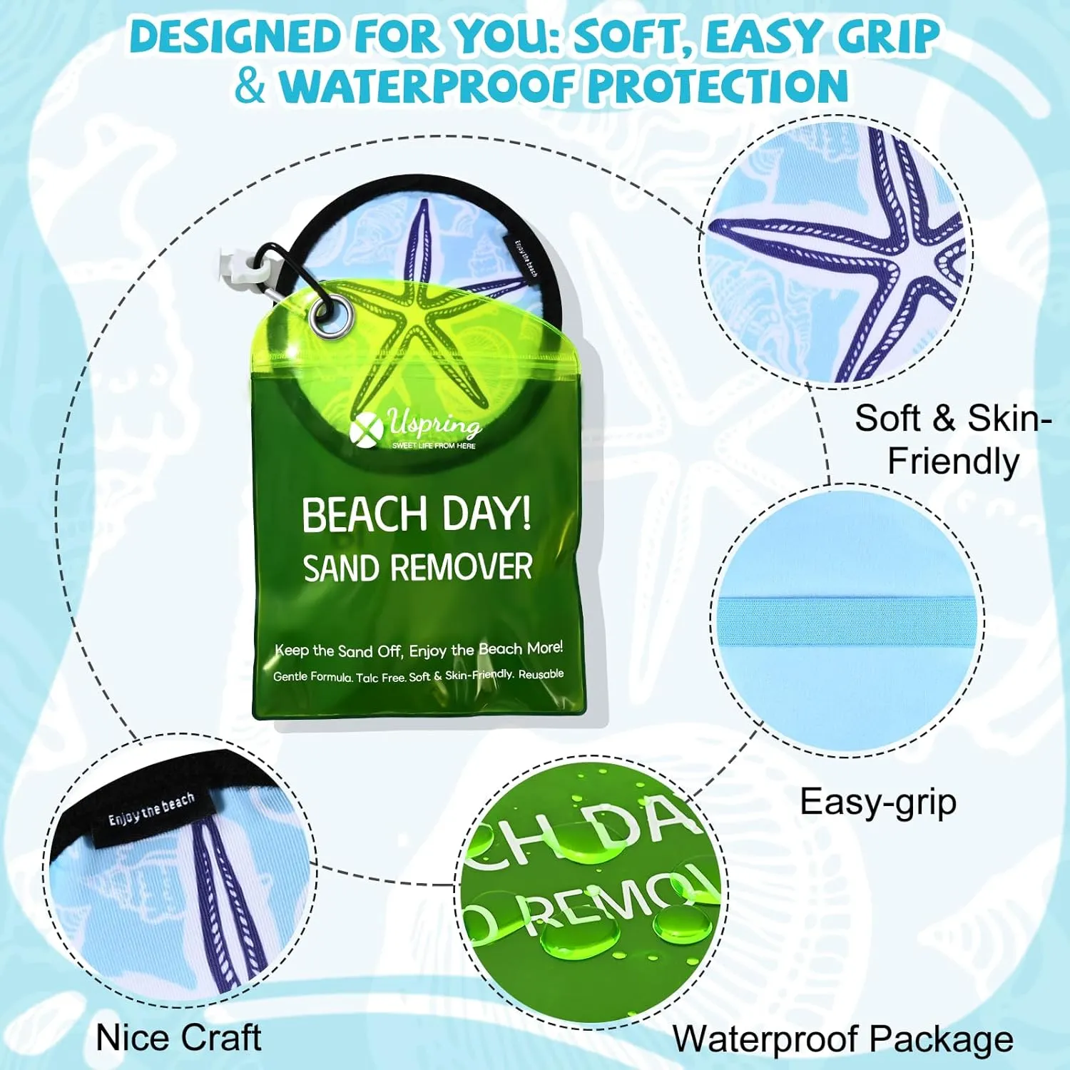 Uspring 2 Pack Sand Remover for Beach Vacation Essentials Summer Must Haves Sand Remover with Velcro, Replaceable Powder Bag, Beach Accessories for Women Kids Family Cruise Trip Gifts, Generous 500g