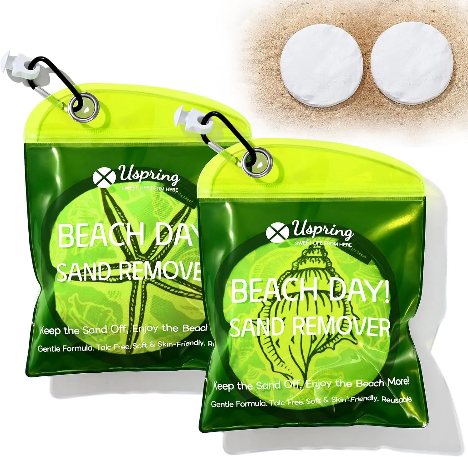 Uspring 2 Pack Sand Remover for Beach Vacation Essentials Summer Must Haves Sand Remover with Velcro, Replaceable Powder Bag, Beach Accessories for Women Kids Family Cruise Trip Gifts, Generous 500g
