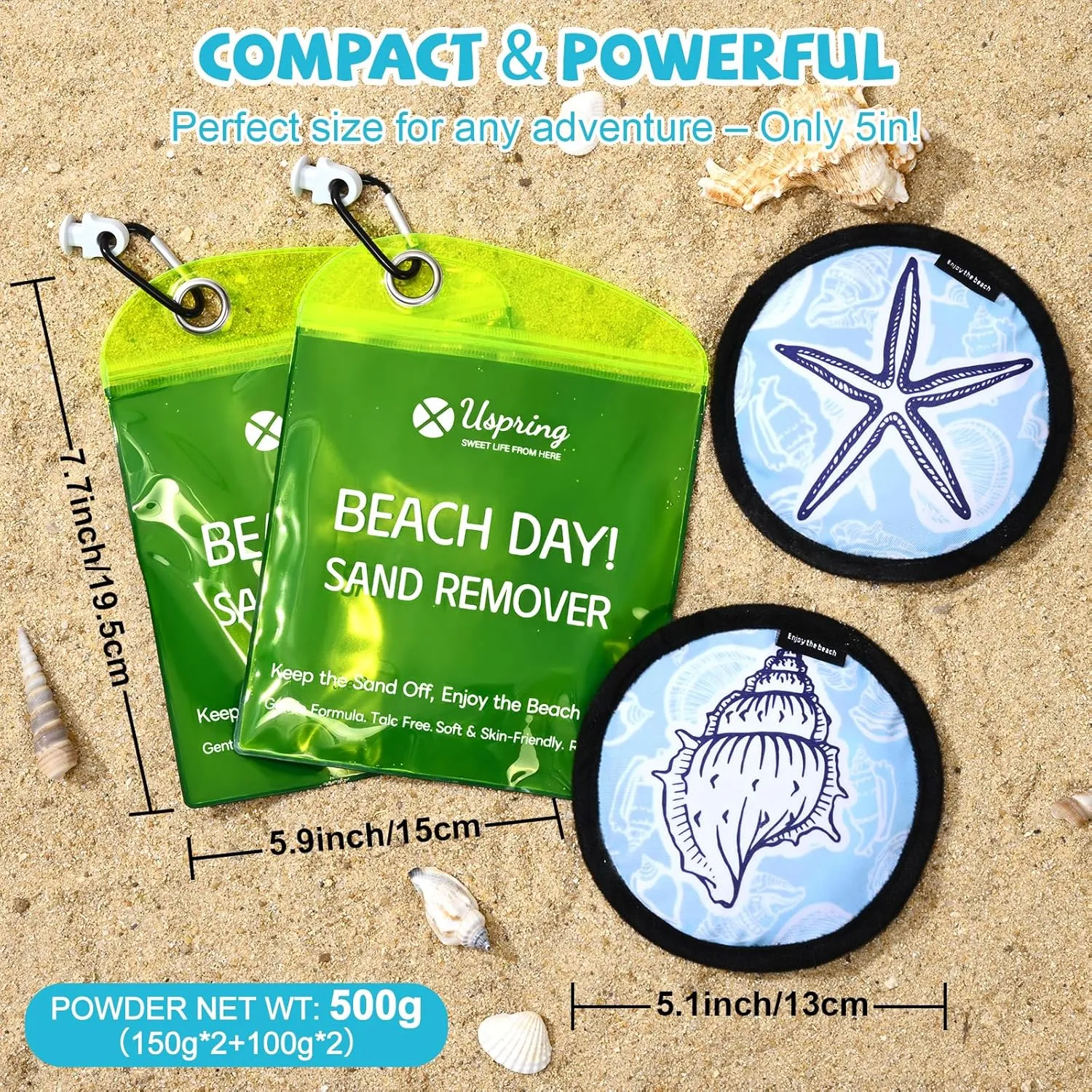 Uspring 2 Pack Sand Remover for Beach Vacation Essentials Summer Must Haves Sand Remover with Velcro, Replaceable Powder Bag, Beach Accessories for Women Kids Family Cruise Trip Gifts, Generous 500g