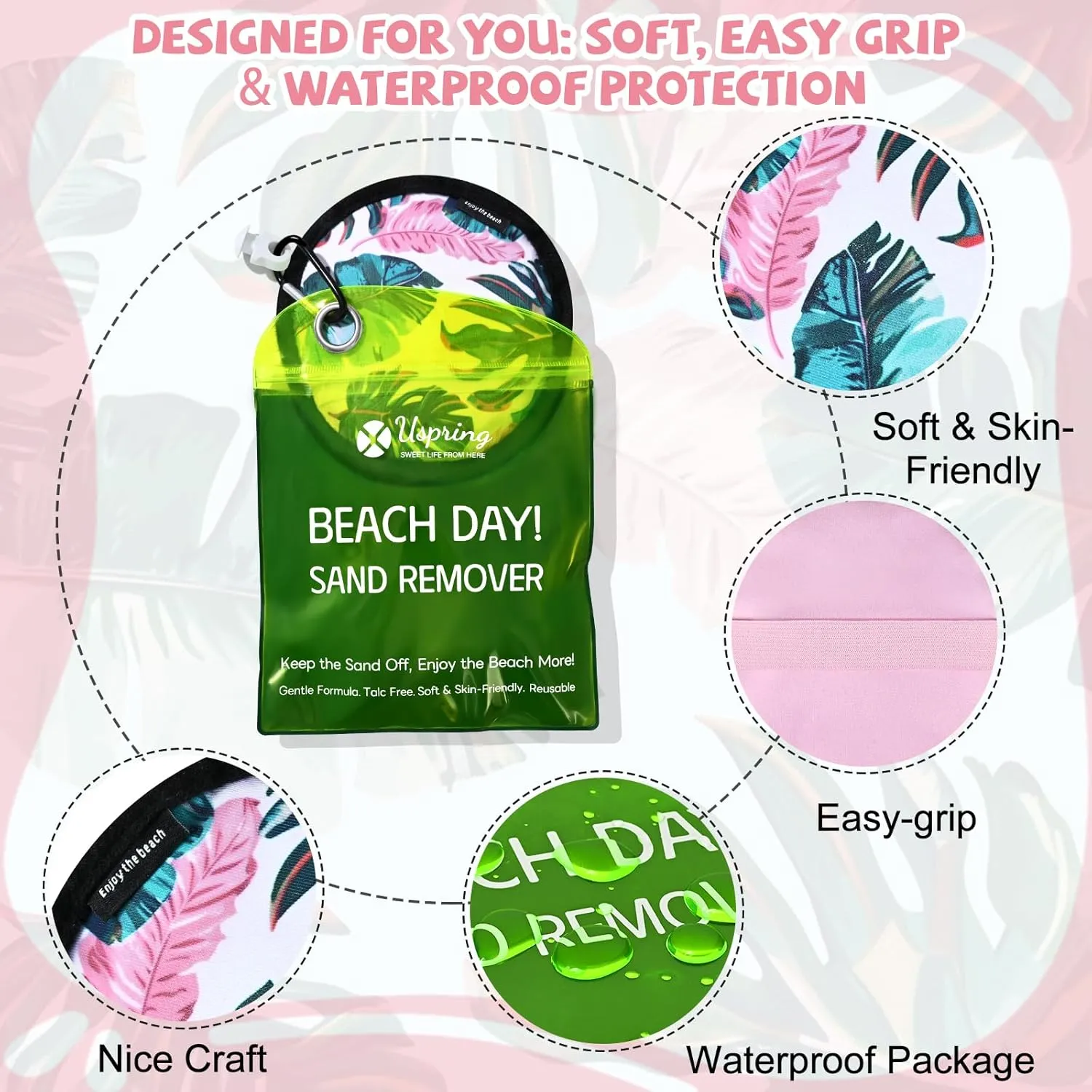 Uspring 2025 Upgraded Sand Remover for Beach Vacation Essentials Summer Must Haves Sand Remover with Velcro, Replaceable Powder Bag, Beach Accessories for Women Kids Family Trip Gifts, Generous 250g